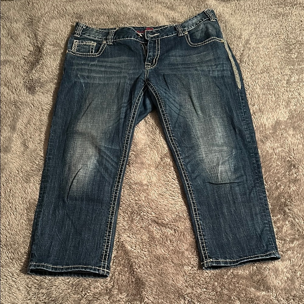 Stylish Blue Denim Jeans by Rock & Roll Cowgirl. Boyfriend Crop size 31